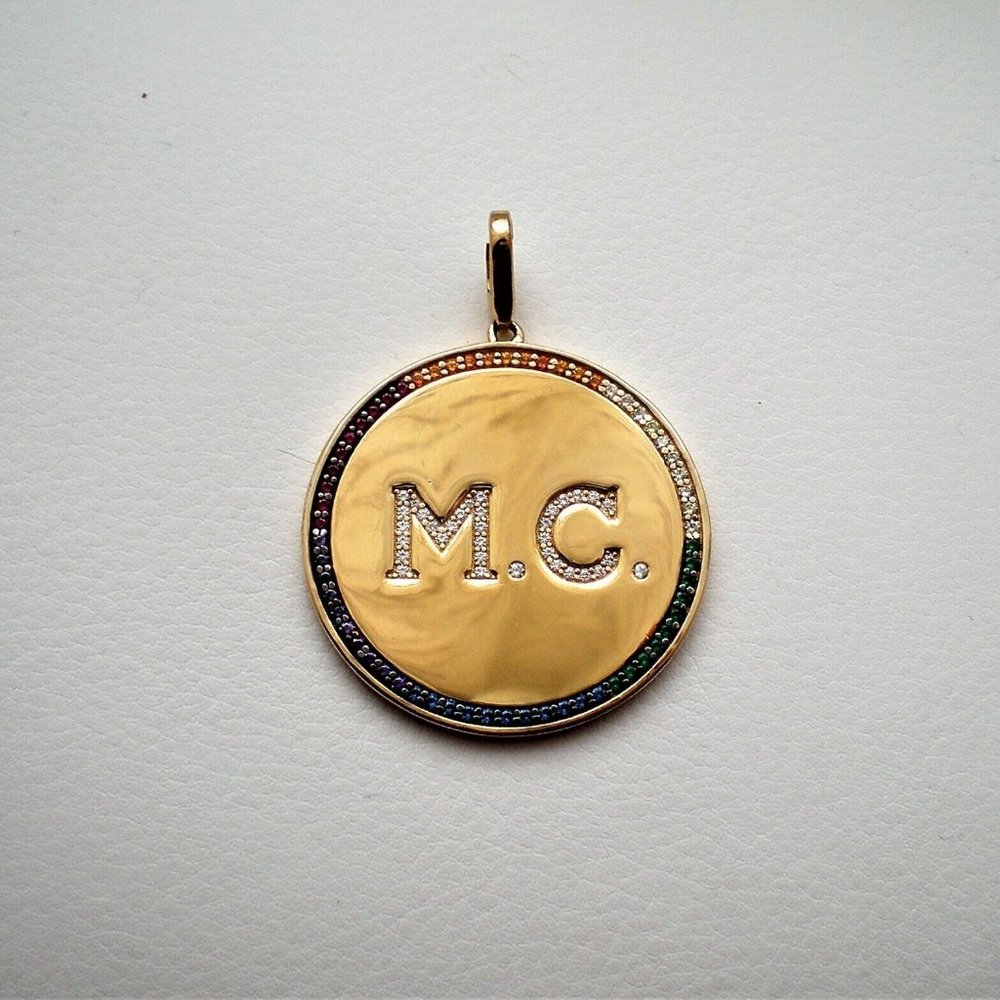 APM Monaco Gold Gilded Sterling 925 Initial "M.C." M.C. Crystal Pendant Enhancer